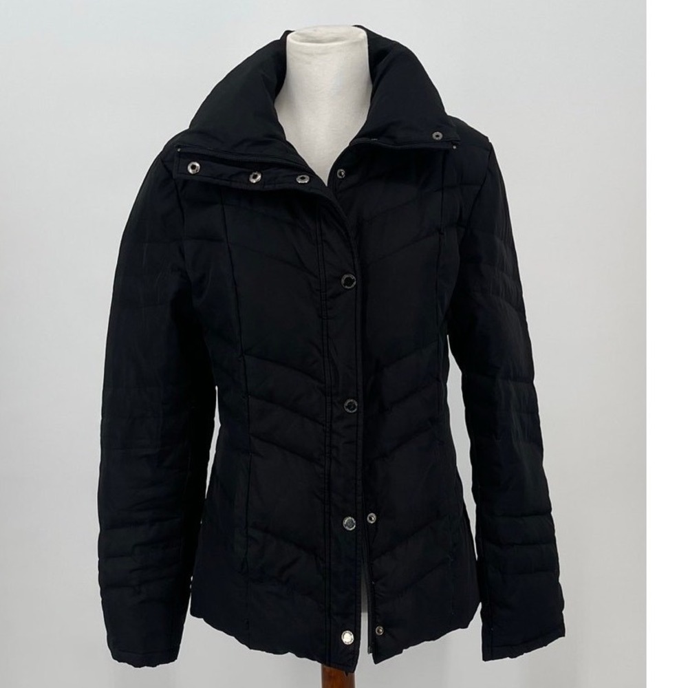 Kenneth Cole Reaction Black Down Puffer Jacket Women Small Chevron Quilted Coat